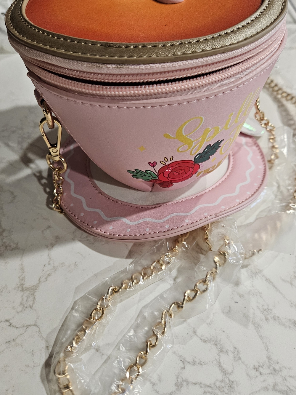 Pink Floral Round Crossbody Bag with Gold Chain Strap